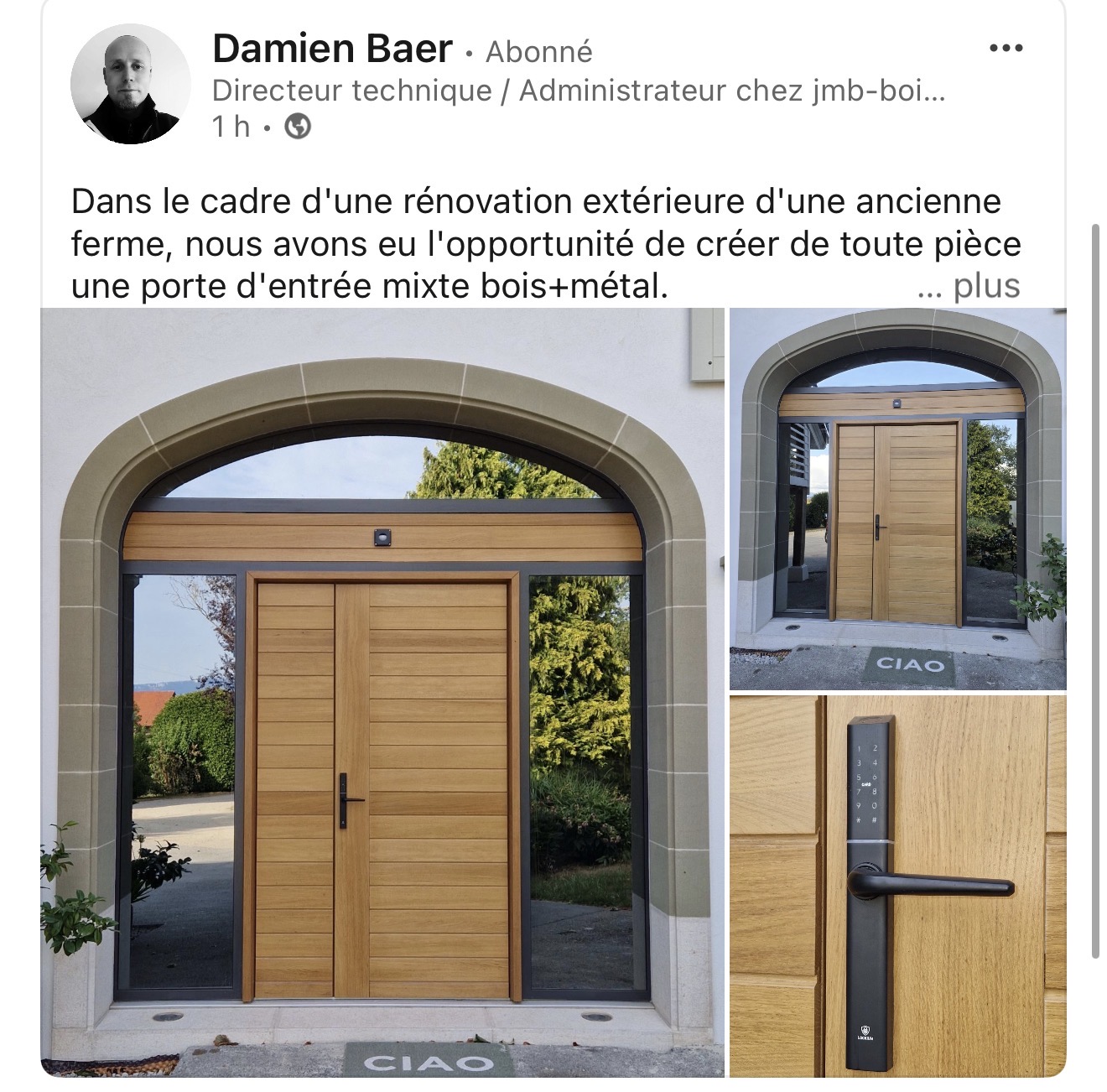 Magnifique réalisation d'une porte d'entrée en bois métal avec une poignée Lockium